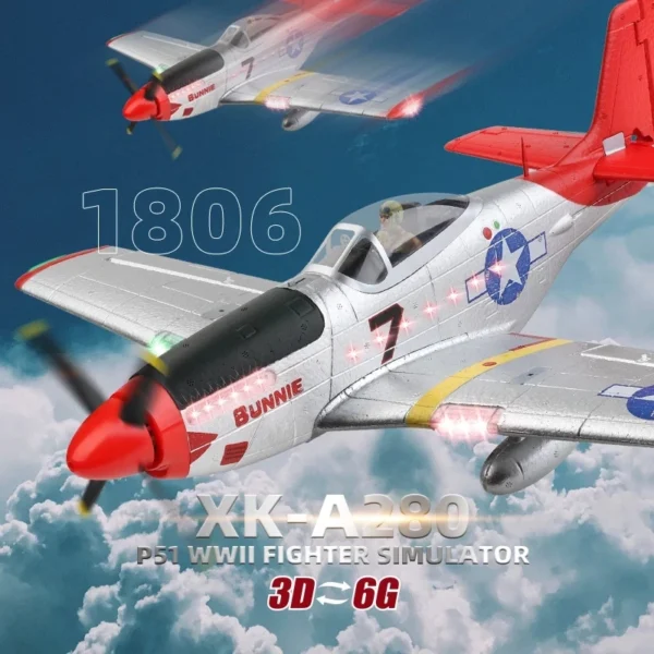 XK A280 RC Plane 2.4G 4CH 3D6G Mode Aircraft P51 Fighter Simulator with LED Searchlight RC Airplane Toys for Children Adults - Image 2