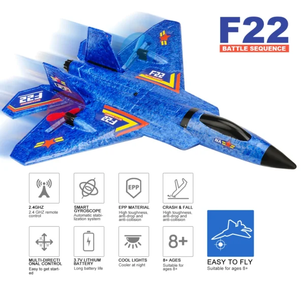 F22 Raptor RC Plane 2.4G 2CH Remote Control Flying Glider With LED Lights EPP Foam Airplane Toys For Children Gifts